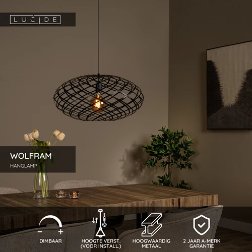 Lucide WOLFRAM - Hanglamp - Ø 65 cm - 1xE27 - Zwart - USP
